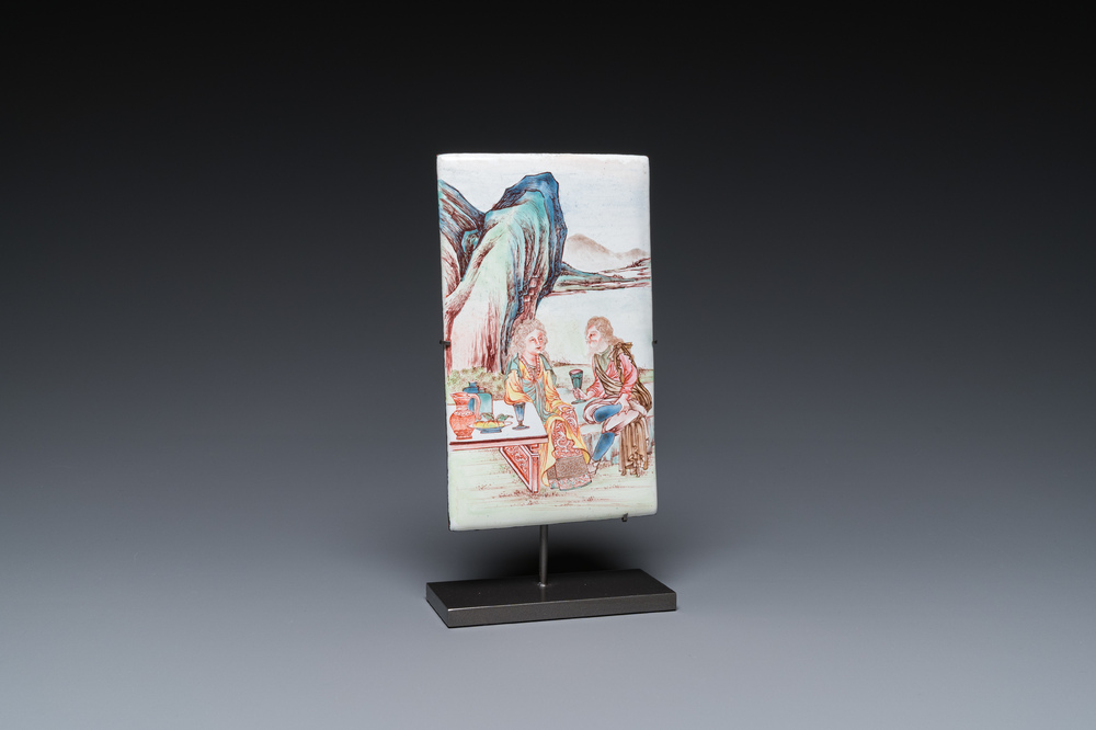 A rectangular Chinese Canton enamel plaque with a European couple, Yongzheng