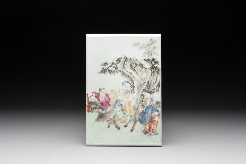 A Chinese famille rose 'two sages and a boy' plaque, Qianlong