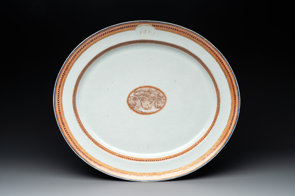 A large oval Chinese export 'EHA' monogrammed 'landscape' dish, Jiaqing, ca. 1800