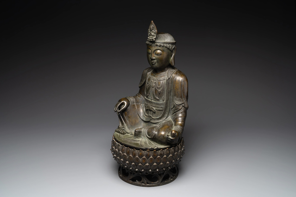 A Chinese bronze Bodhisattva on a lotus throne, Ming