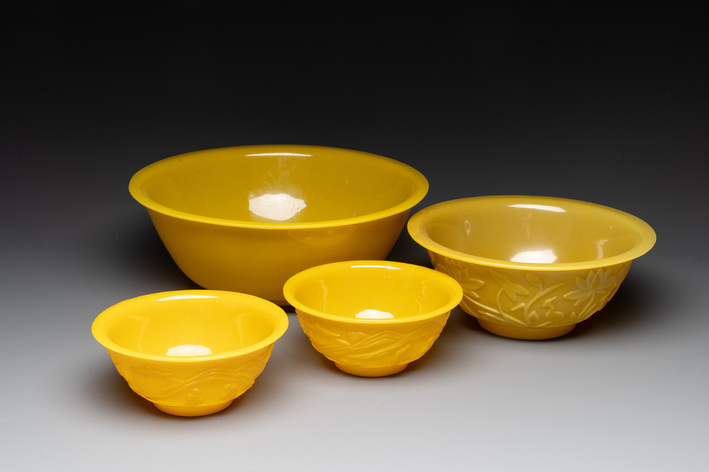Four Chinese yellow Beijing glass bowls, China mark, Republic