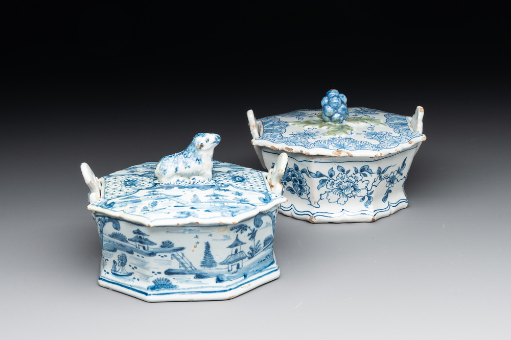 Two blue and white Dutch Delft butter tubs, 18th C.