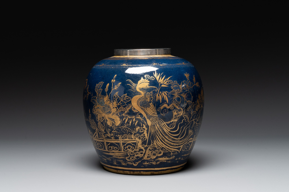 A Chinese gilt-decorated powder-blue 'phoenix' jar with a later silver cover, Qianlong