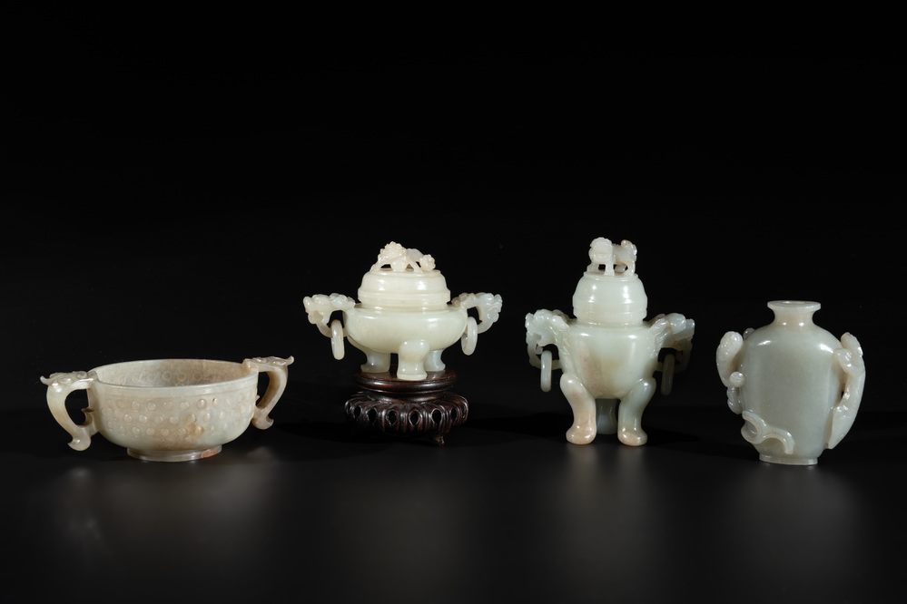Two Chinese celadon jade censers, a snuff bottle and a two-handled cup, Ming and later