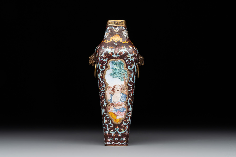 A square Chinese Canton enamel 'European subject' vase, Qianlong mark and probably of the period