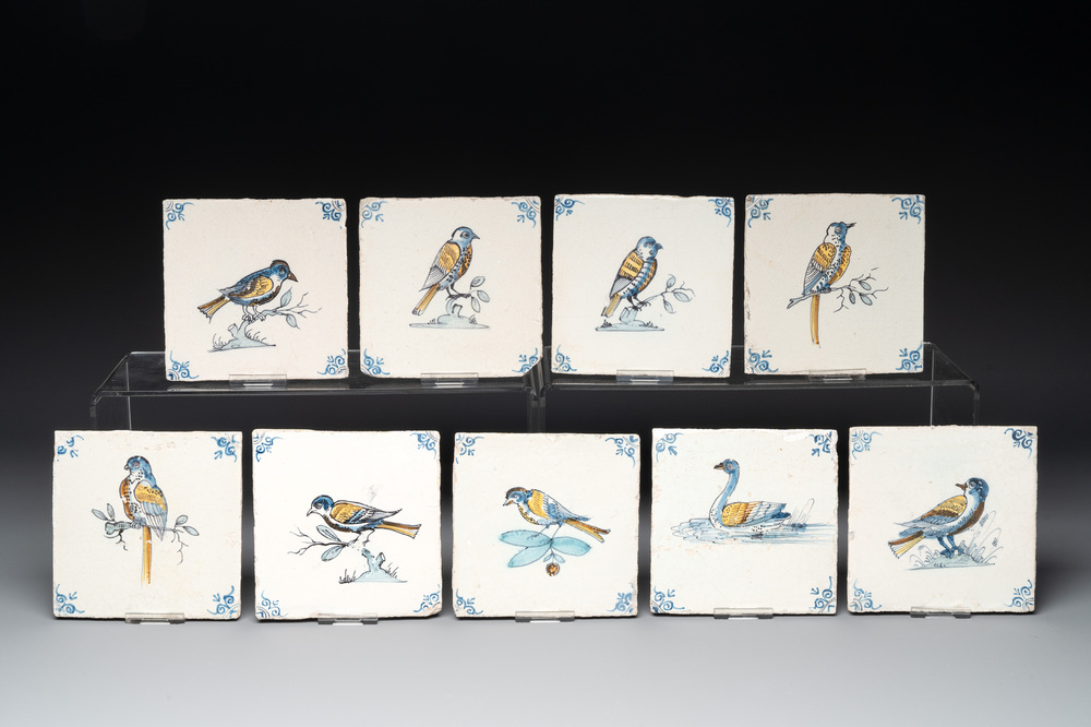 9 polychrome Dutch Delft 'bird' and 'swan' tiles, 17th C.