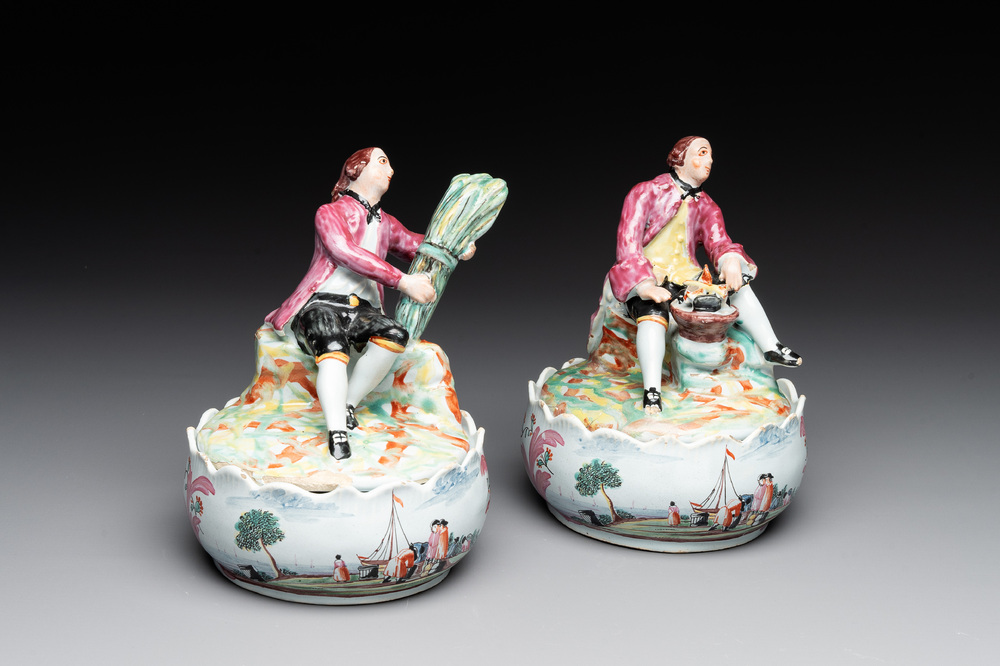 A pair of polychrome Dutch Delft petit feu butter tubs with allegorical depictions of the seasons, 18th C.