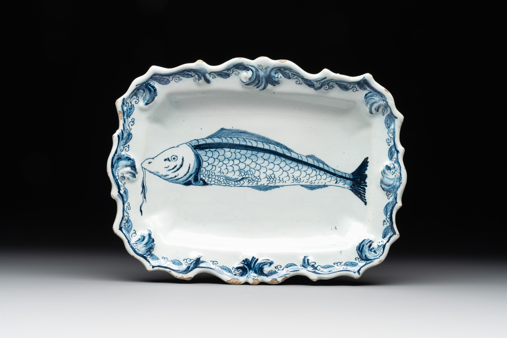 A blue and white Dutch Delft 'herring' dish, 18th C