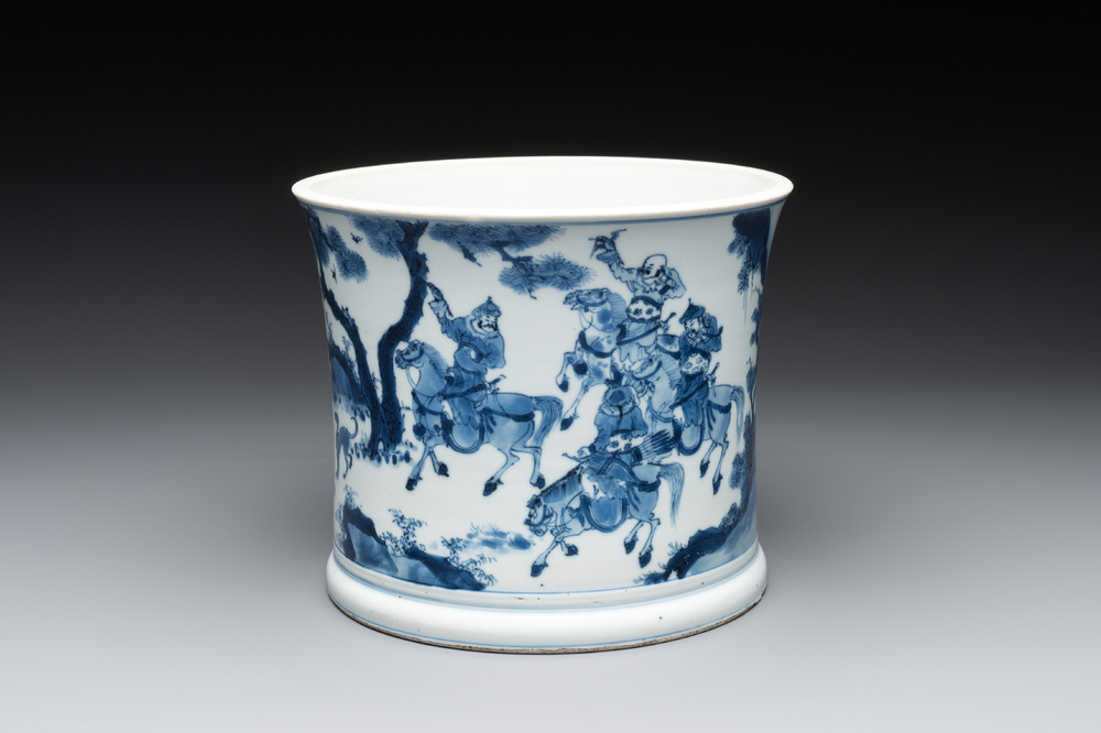 A rare Chinese blue and white 'Mongolian hunt' brush pot, Wen Zhang Shan Dou 文章山斗 mark, Kangxi