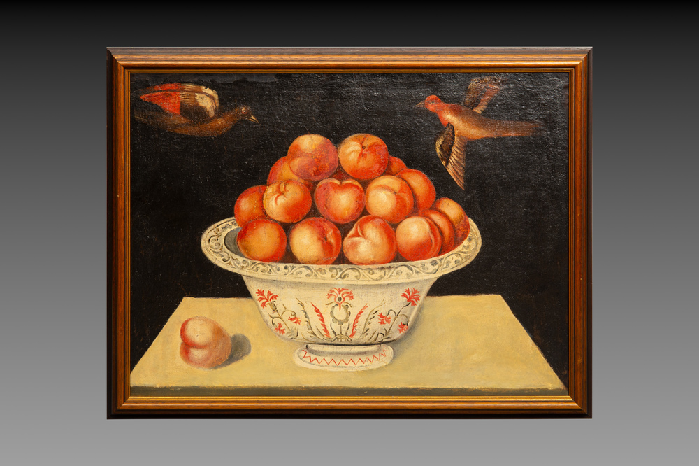 Follower of Blas de Ledesma (1556-1596): Still life with peaches, oil on canvas, 17th C.