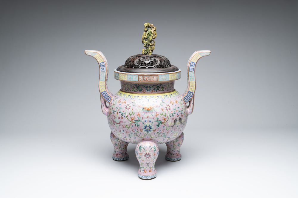 A large and impressive Chinese famille rose 'bajixiang and lotus scroll' censer with a wooden cover, Jiaqing mark and of the period