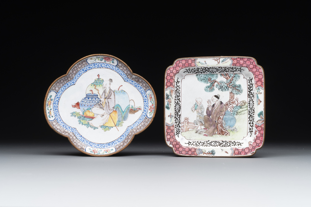 Two fine Chinese Canton enamel saucers, Yongzheng/Qianlong
