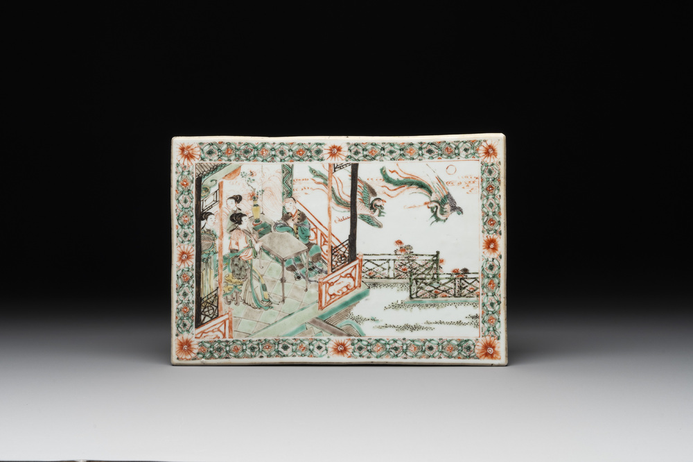 A Chinese famille verte 'Feng Qiu Huang 鳳求凰' plaque, Kangxi