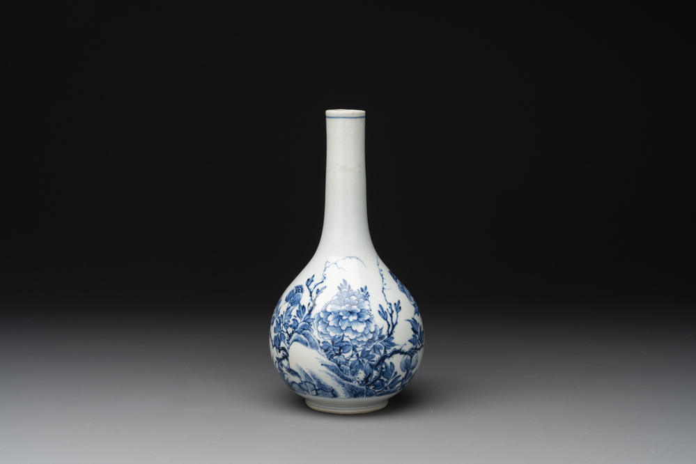 A rare Chinese blue and white soft paste porcelain bottle vase, Chenghua mark, Yongzheng/Qianlong