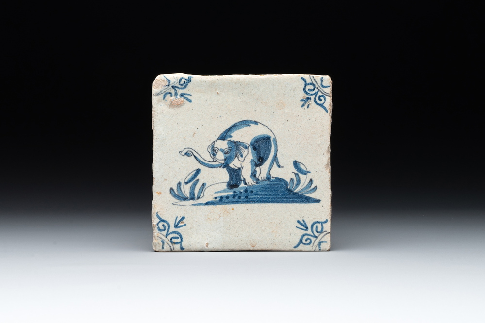A blue and white Dutch Delft 'elephant' tile, 17th C.