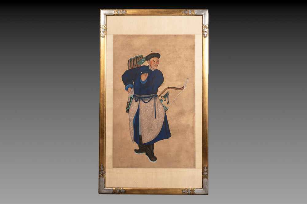 Chinese school: 'Manchu archer', ink and colour on silk, 18/19th C.