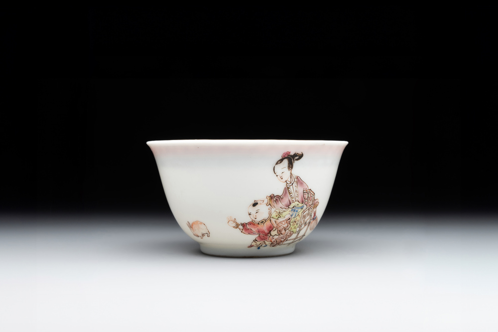 A fine Chinese famille rose 'lady, boy and rabbit' cup, Yongzheng