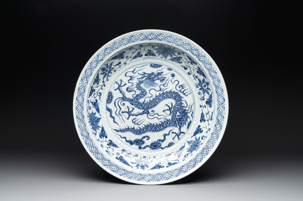 A large Chinese blue and white Yuan-style 'dragon' dish, probably 19th C.