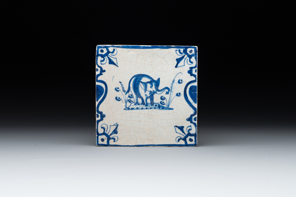 A blue and white Dutch Delft 'elephant' tile, 17th C.