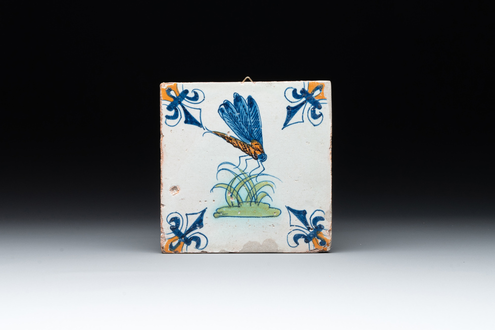 A polychrome Dutch Delft 'dragonfly' tile, 17th C.