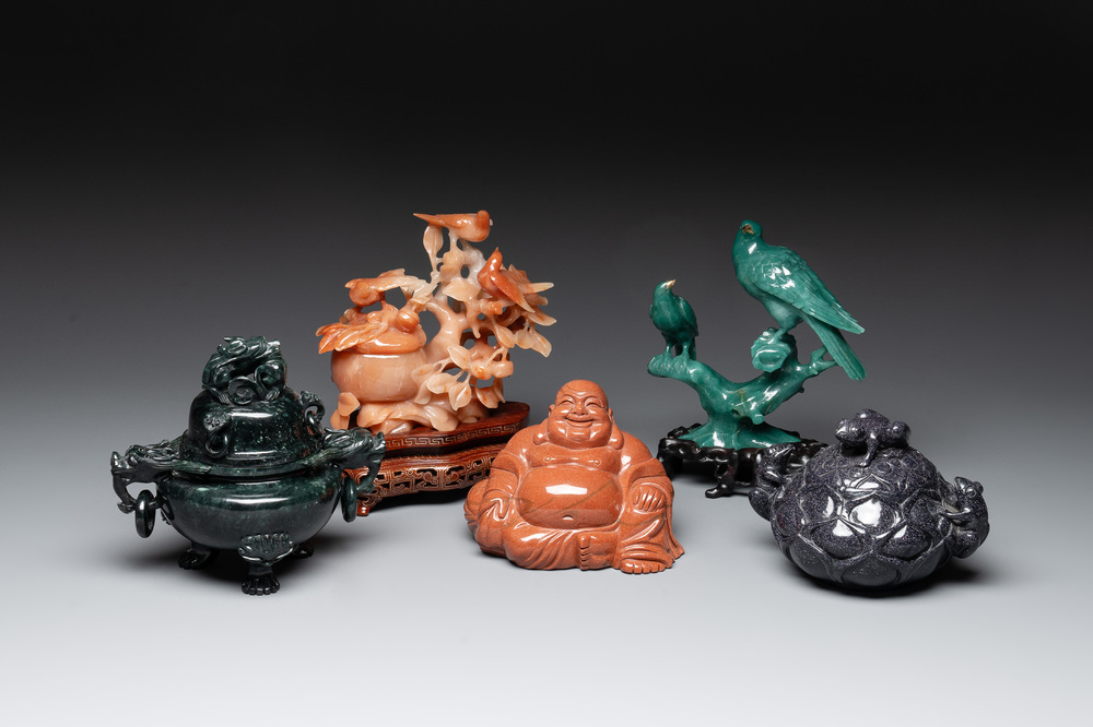 A Chinese emerald green jadeite 'birds' group, a goldstone Buddha, a carnelian group and two censers, 19/20th C.