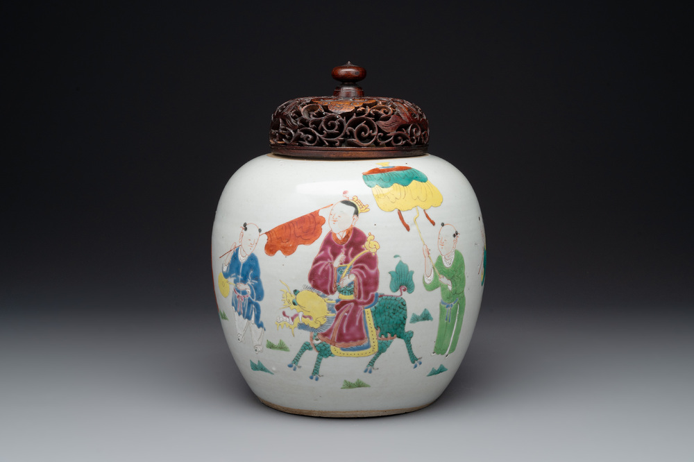 A Chinese famille rose 'Qi Lin Song Zi 麒麟送子' jar and wooden cover, Qianlong/Jiaqing