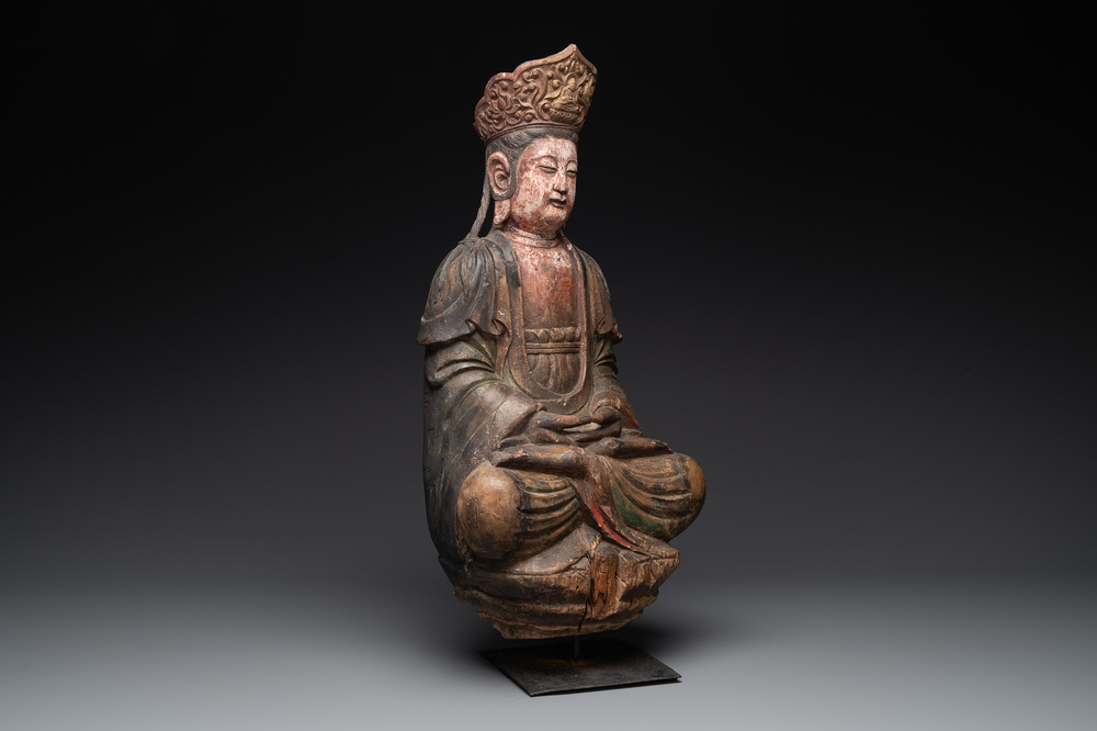 A Chinese polychromed wooden Buddha, 20th C.