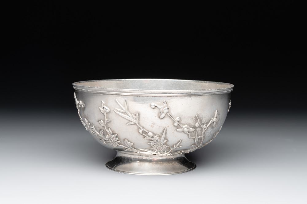 A Chinese sterling silver 'Three Friends of Winter' bowl, 20th C.