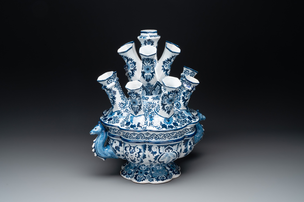 A large blue and white Dutch Delft tulip vase, ca. 1900