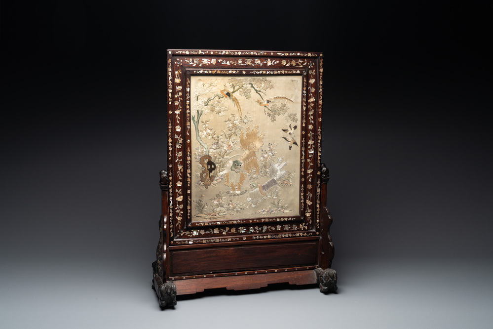 A Chinese mother-of-pearl-inlaid wooden table screen with silk embroidery, Canton, 19th C.