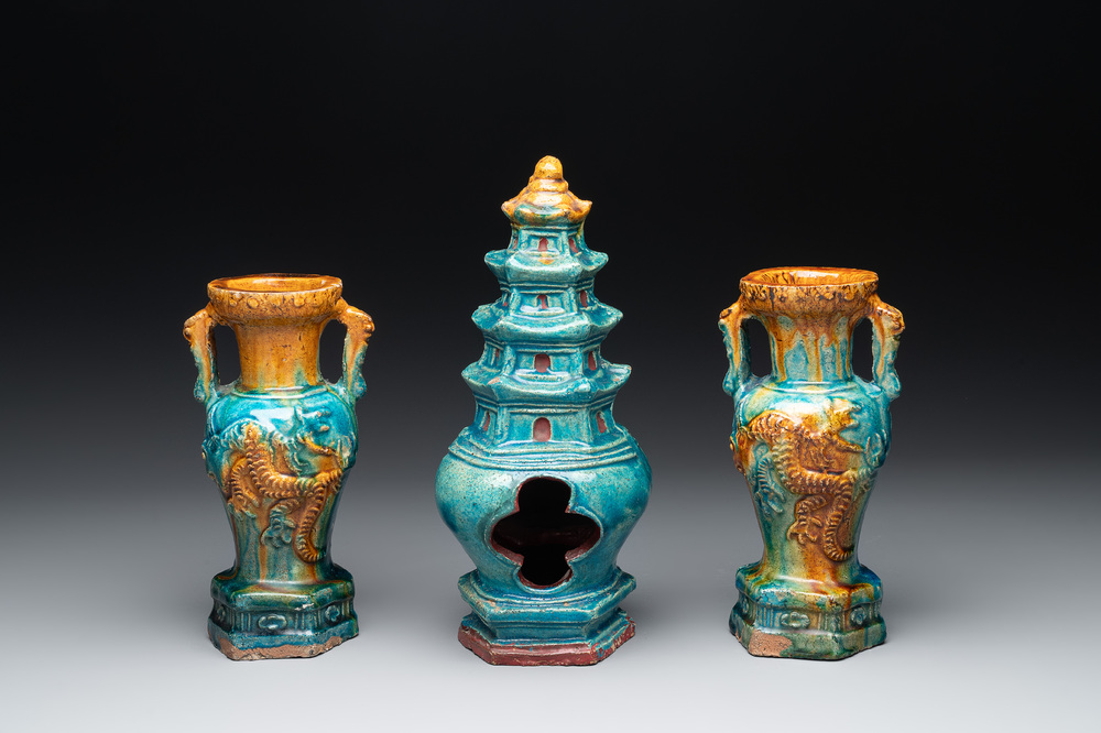 A Chinese sancai three-piece altar garniture, Ming