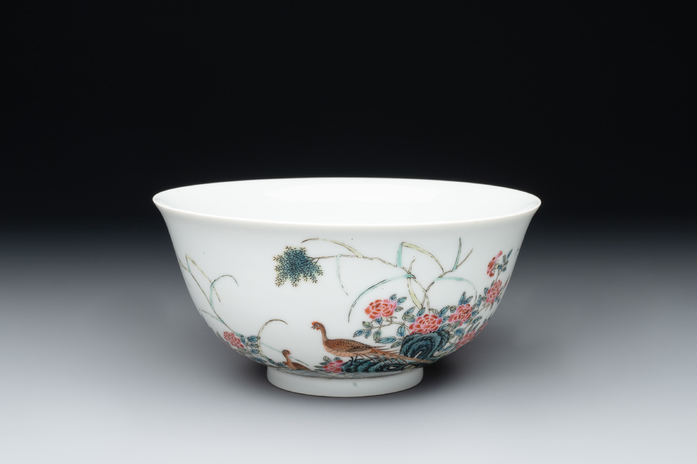 A Chinese famille rose 'pheasants and flowers' bowl, Yongzheng mark, Republic