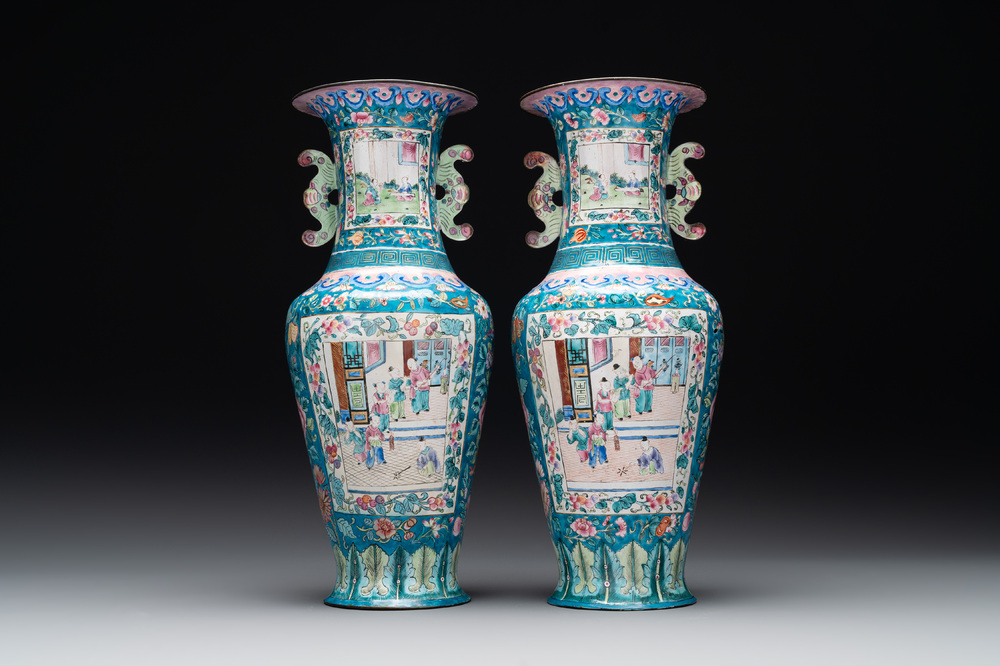 A pair of Chinese Canton enamel vases with narrative design, 19th C.