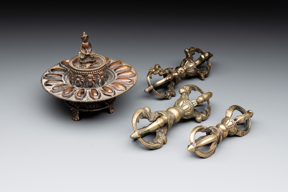 Three Tibetan bronze vajra and a copper incense burner, 18/20th C.