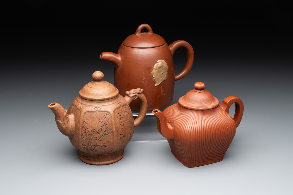 Three Chinese Yixing stoneware teapots, Gu Jingzhou 顧景舟, Yu Guoliang 俞國良 and Cui Zhu Xuan 翠竹軒 seal marks, 20th C.
