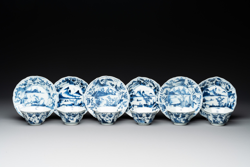 Six Chinese blue and white 'landscapes' cups and saucers, Kangxi