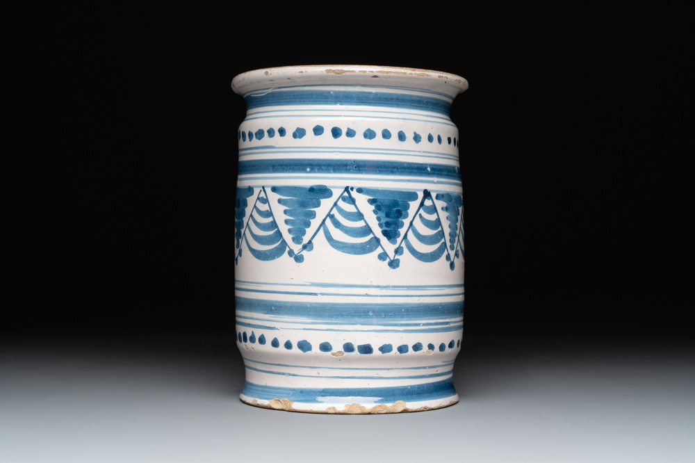 A blue and white Dutch Delftware albarello, Northern Netherlands, 17th C.