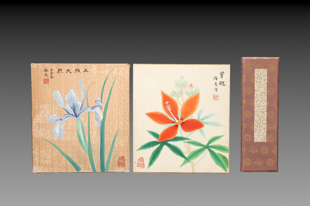Wang Xuezhong 王學仲 (1925-2013) and Wang Jiyuan 王濟遠 (1893-1975): 'Calligraphy' and 'Flowers', ink on paper
