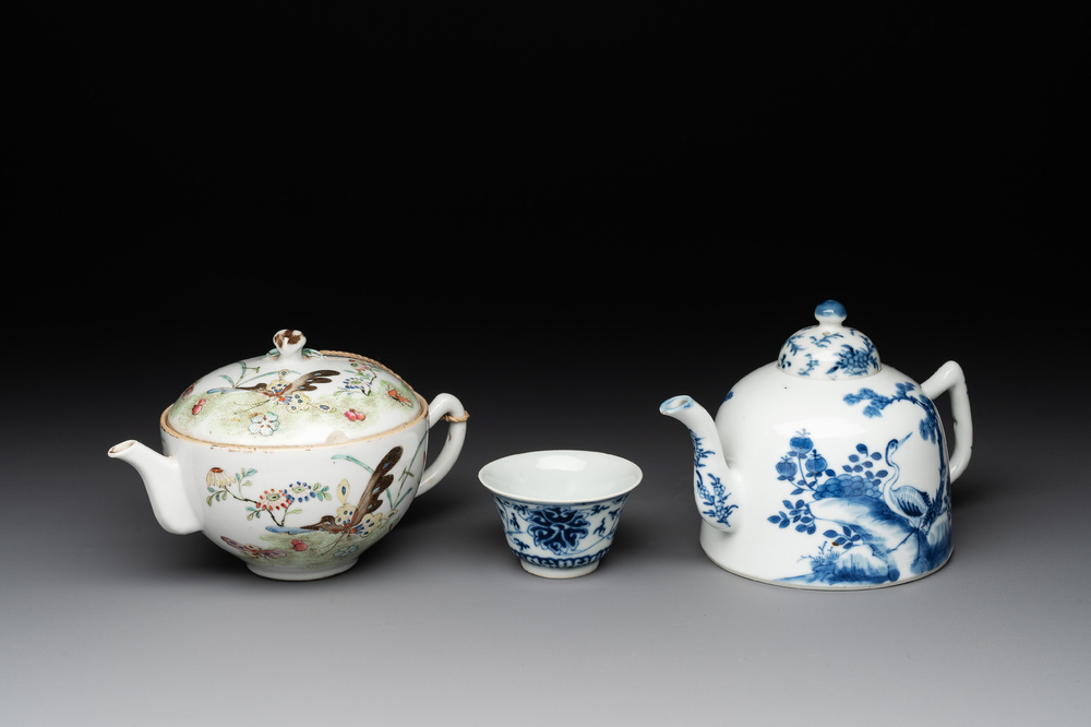 Two Chinese blue, white and famille rose 'birds and flowers' teapots and a cup, Chenghua and Tongzhi marks, 19th C.