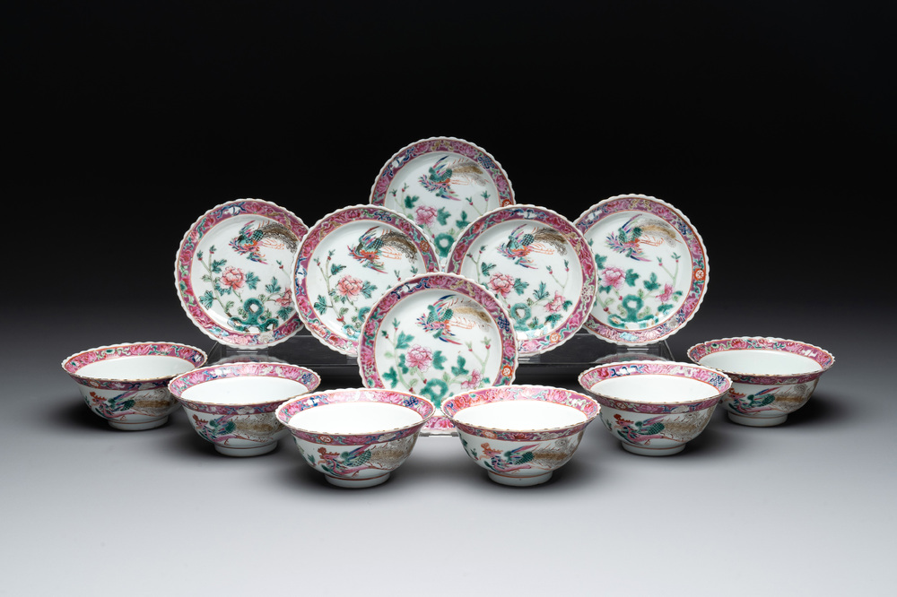 Six Chinese famille rose 'phoenix and peony' bowls and plates for the Straits or Peranakan market, Republic