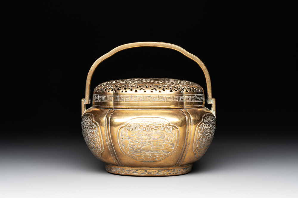 A Chinese bronze 'landscape' handwarmer, Qiu Fuxi 丘福禧 mark, 19th C.