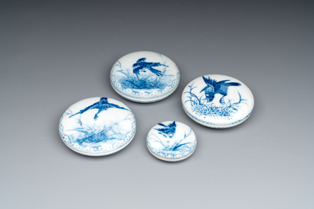 Four Chinese blue and white seal paste boxes in the style of Wang Bu, Yongzheng marks, Republic