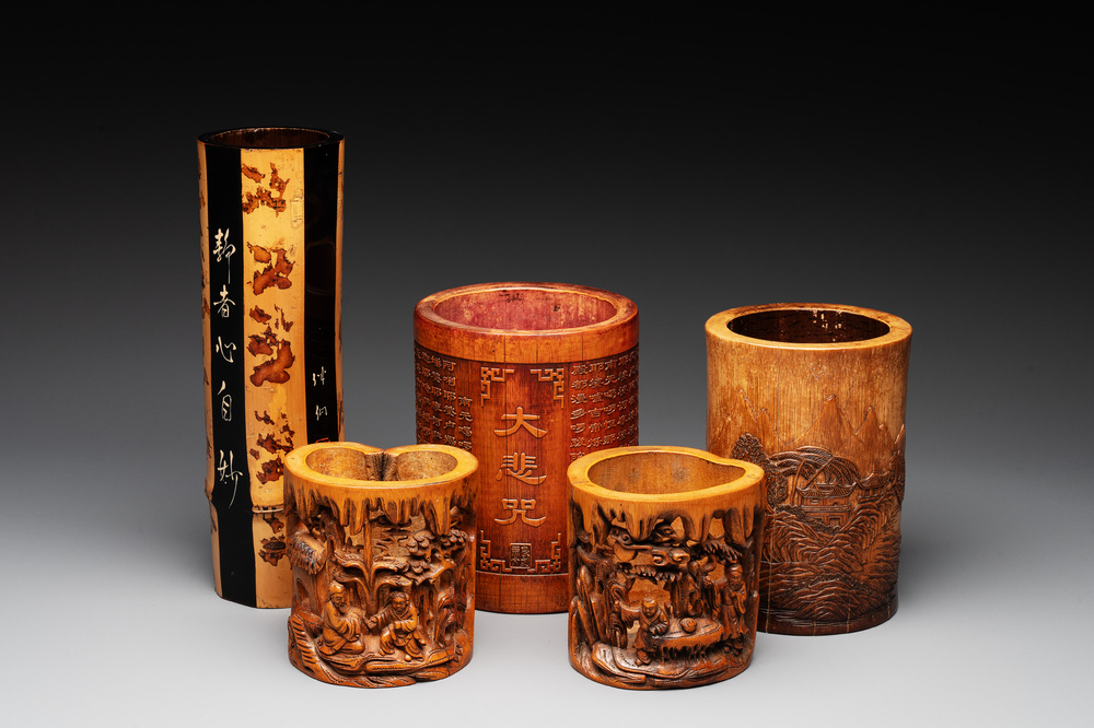 Five Chinese carved bamboo brush pots, 19/20th C.