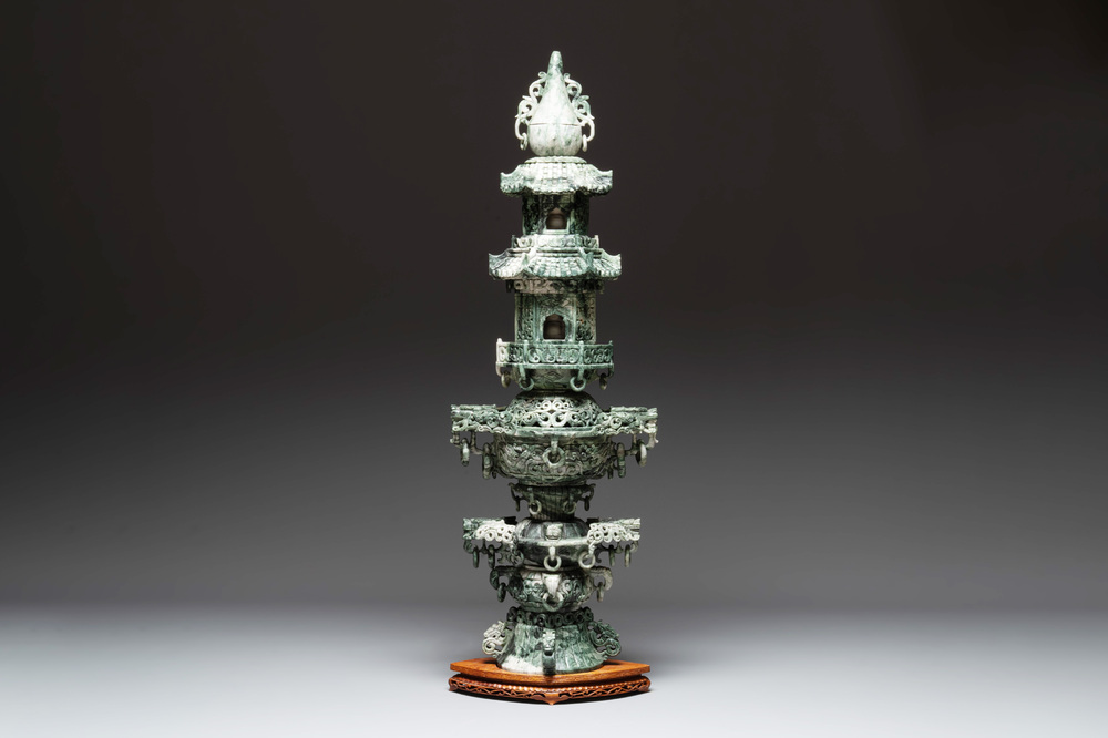 A massive Chinese jade pagoda on wooden stand, 20th C.