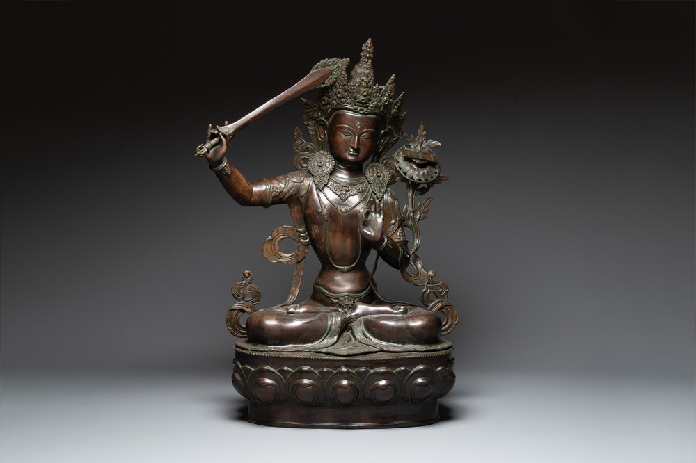 A very large Nepalese bronze sculpture of Manjusri, 19/20th C.