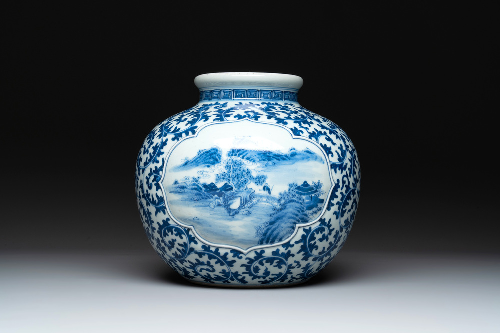 A Chinese blue and white globular 'landscape' vase, 19th C.