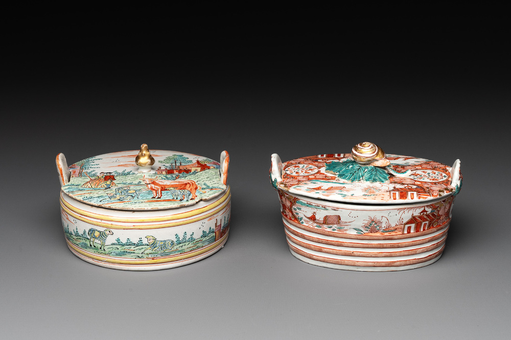 Two polychrome Dutch Delft petit feu butter tubs, 18th C.