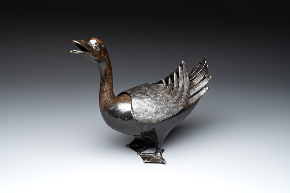 A Chinese bronze duck-form incense burner, Ming