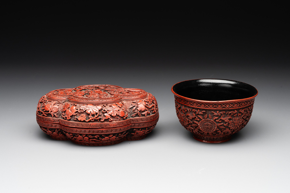A Chinese cinnabar lacquer quadrifoil covered box and a 'lotus and shou' bowl, 19th C.