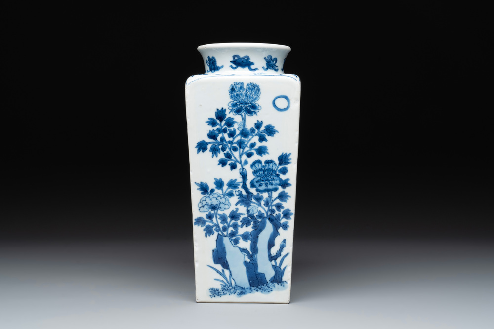 A Chinese blue and white square flask with floral design, Kangxi
